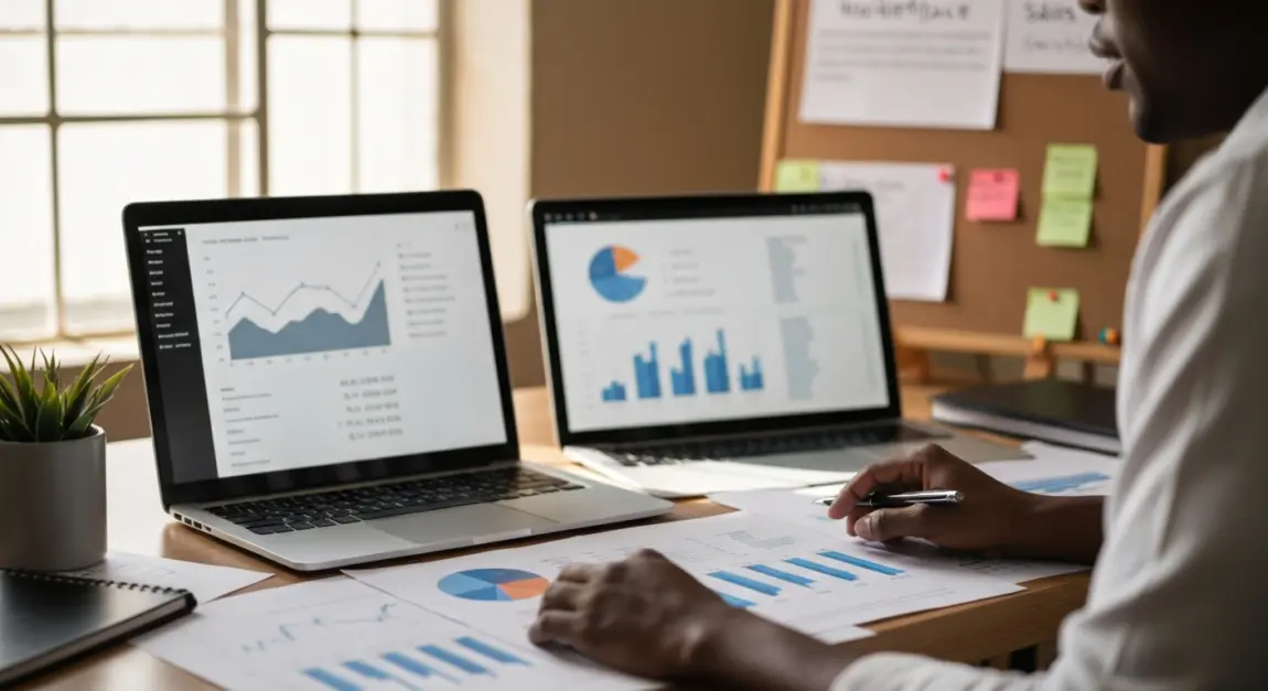 A Botswana SME owner analyzing online marketplace data in a private office.