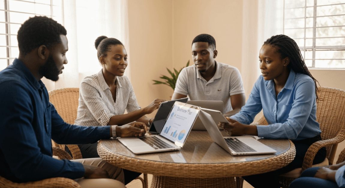 Small team in Botswana collaborating on a customized business plan in a home office