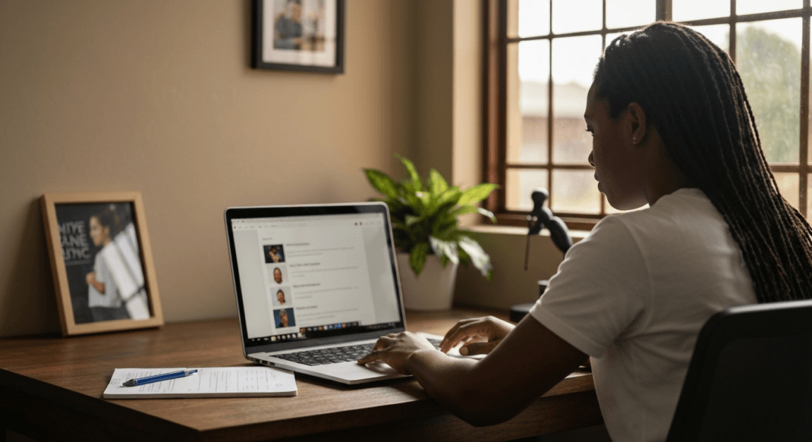 Motswana entrepreneur managing a social media marketing campaign from a home office