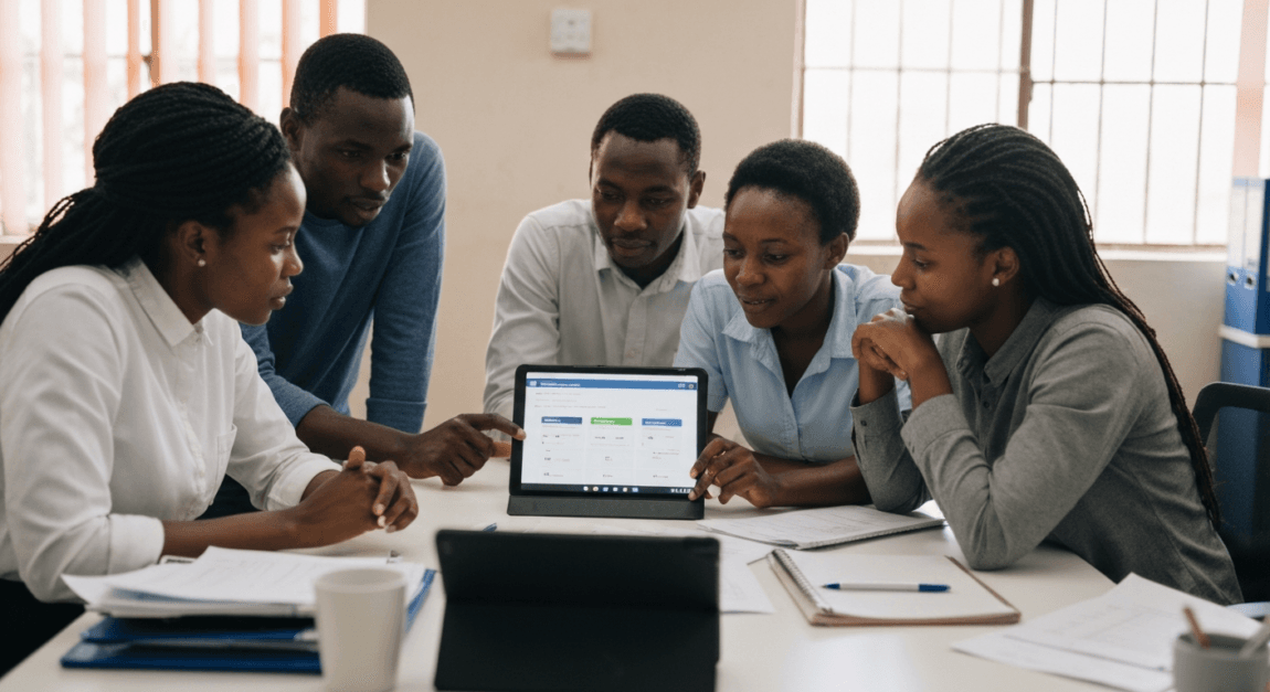 Small Botswana business team collaborating on a CRM system in a local office