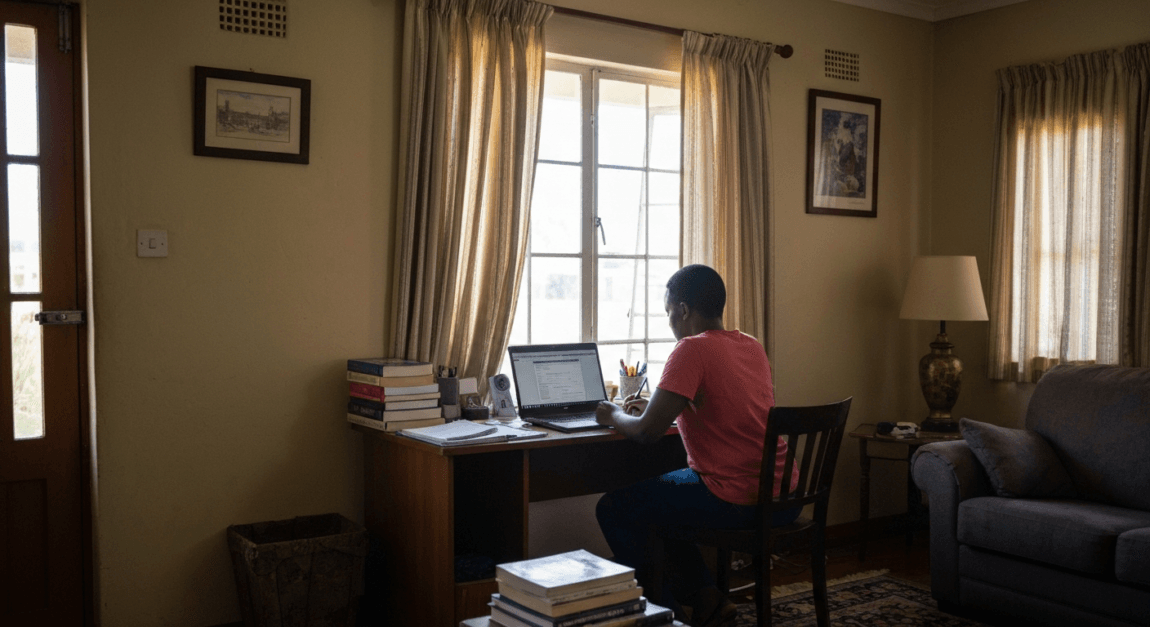 A home office in Botswana with a laptop and business books, showing a person taking notes, symbolizing access to free business resources.