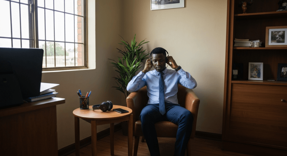 Entrepreneur in a Botswana office using headphones to listen to audiobooks, showcasing a method of continuous learning.
