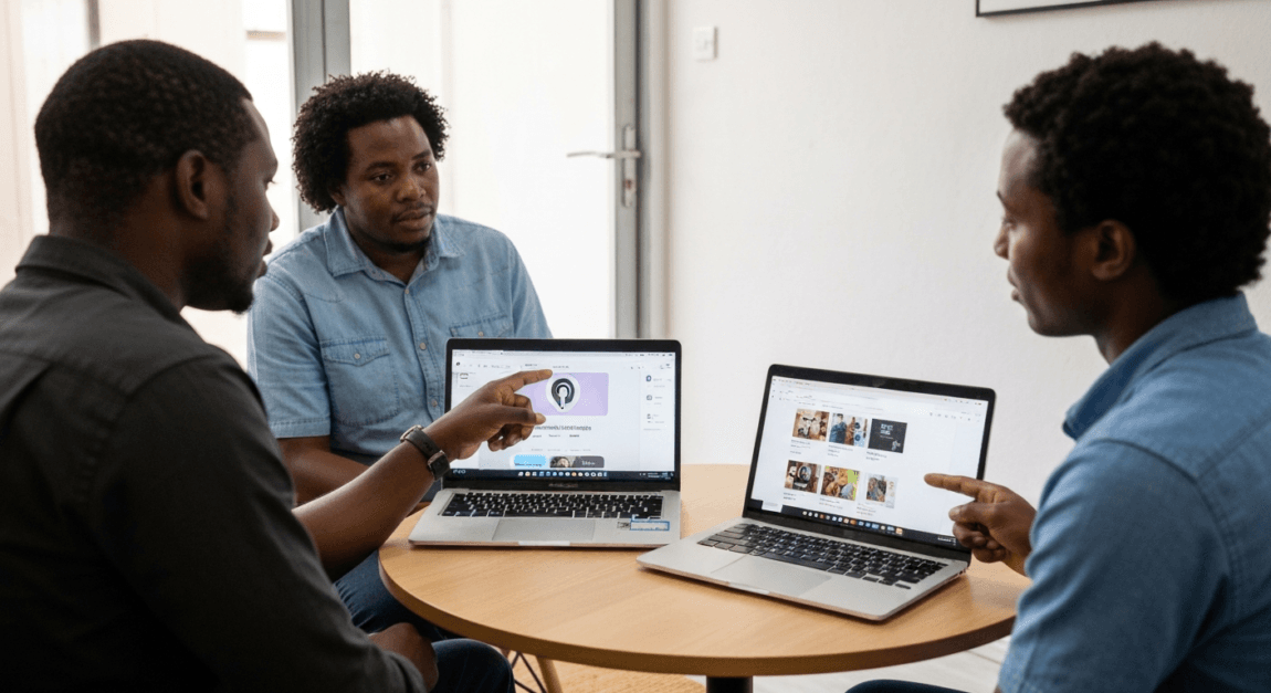 Two entrepreneurs in a Botswana office discussing between podcasts and books, weighing pros and cons of learning methods.