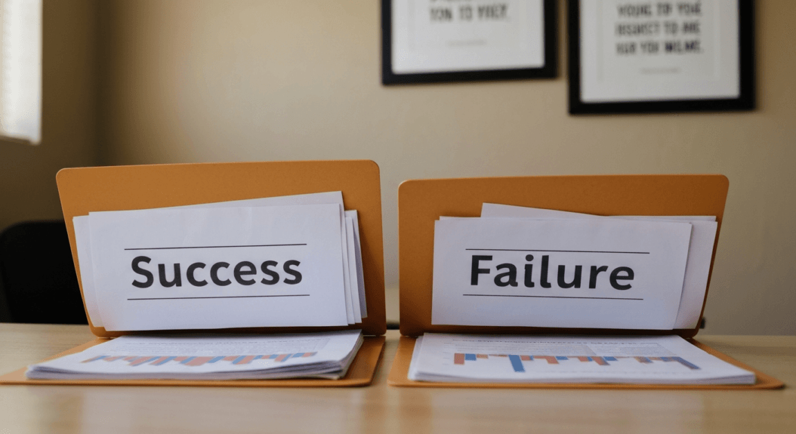 Two labeled folders showing successful and poor business plans in Botswana office