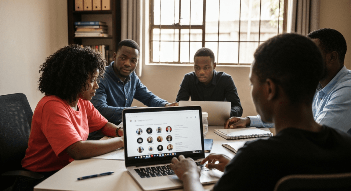 Best Free AI Tools for Marketing 1 Young entrepreneurs in a Botswana office collaborating using AI tools for social media.