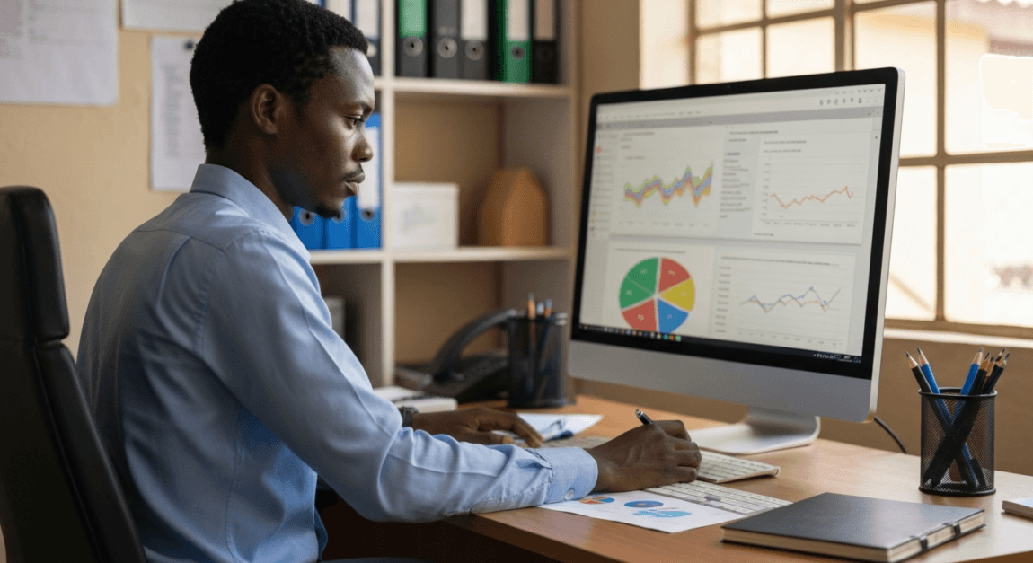 Best Free AI Tools for Marketing 2 Business professional in Botswana reviewing AI-driven ad insights.