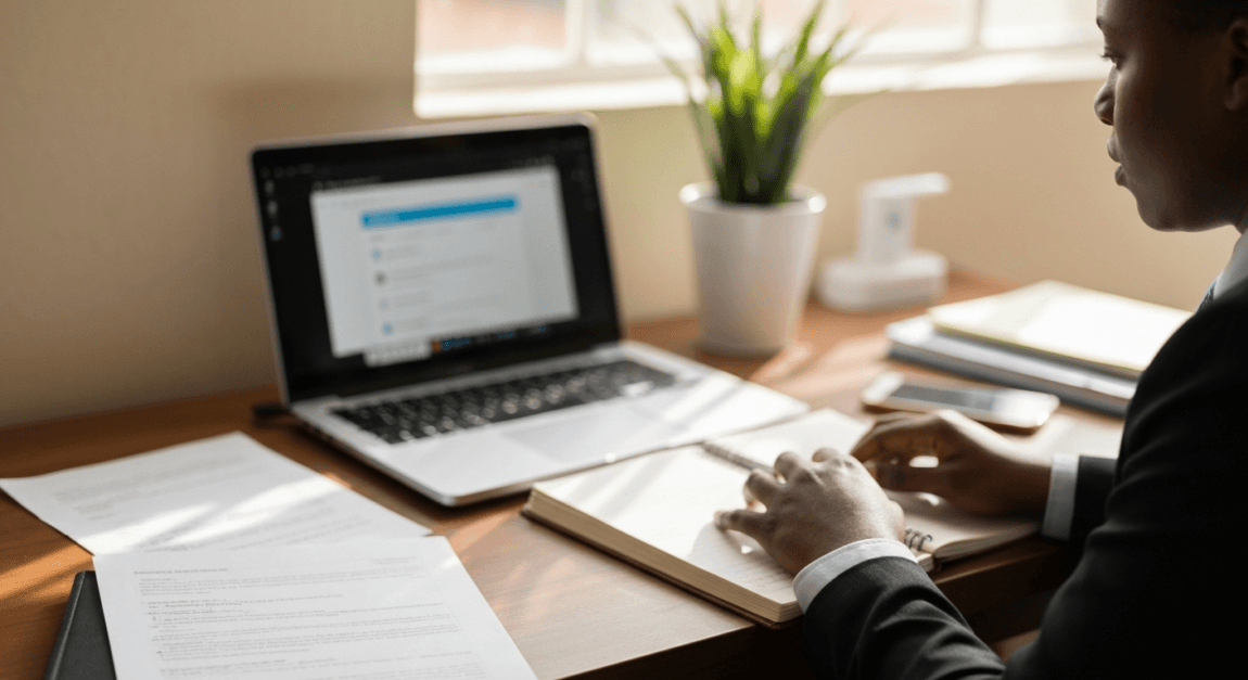 Business person in Botswana setting up an OBRS account on a laptop.