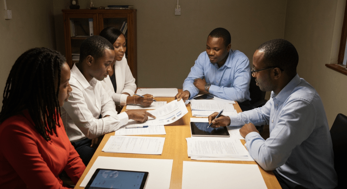 Business team in Botswana meeting to change company directors' details.