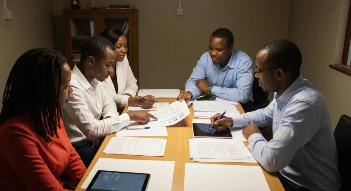 Updating Company Information in Botswana: Changing Directors, Name, or Address 5 Business partners in Gaborone reviewing a board resolution for director changes.