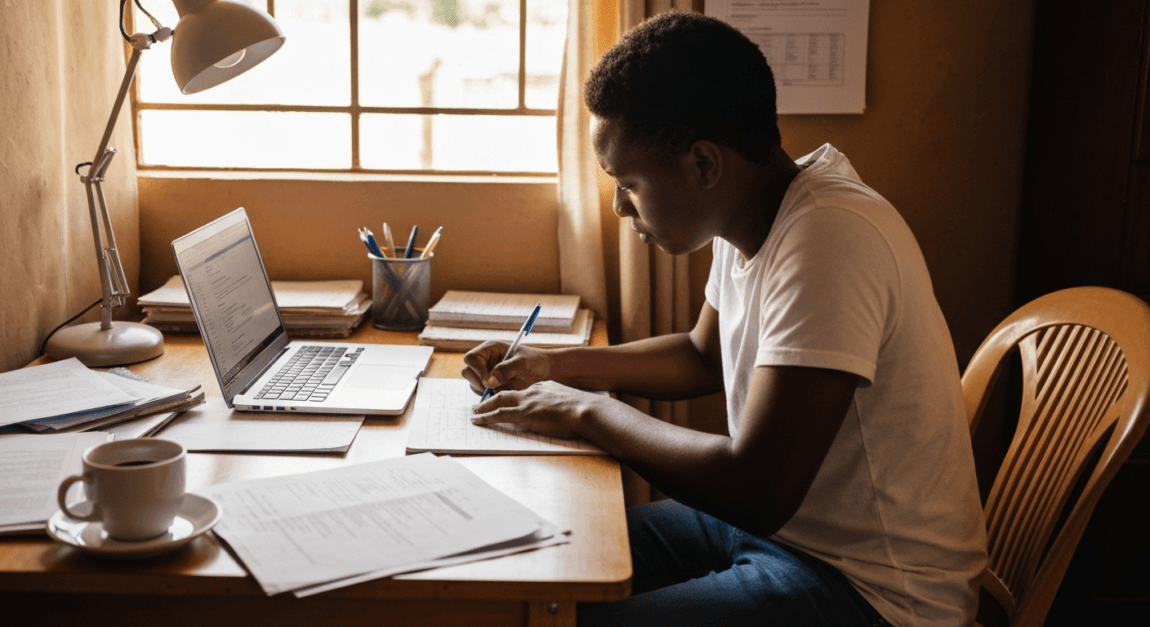 Focused business person in Botswana drafting a special resolution for a company name change.