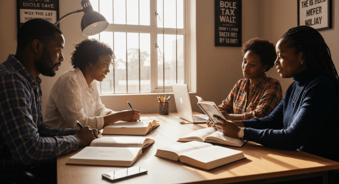 Case Studies: How Reading Books Changed Entrepreneurial Journeys 1 Professionals in a Botswana office discussing insights from books