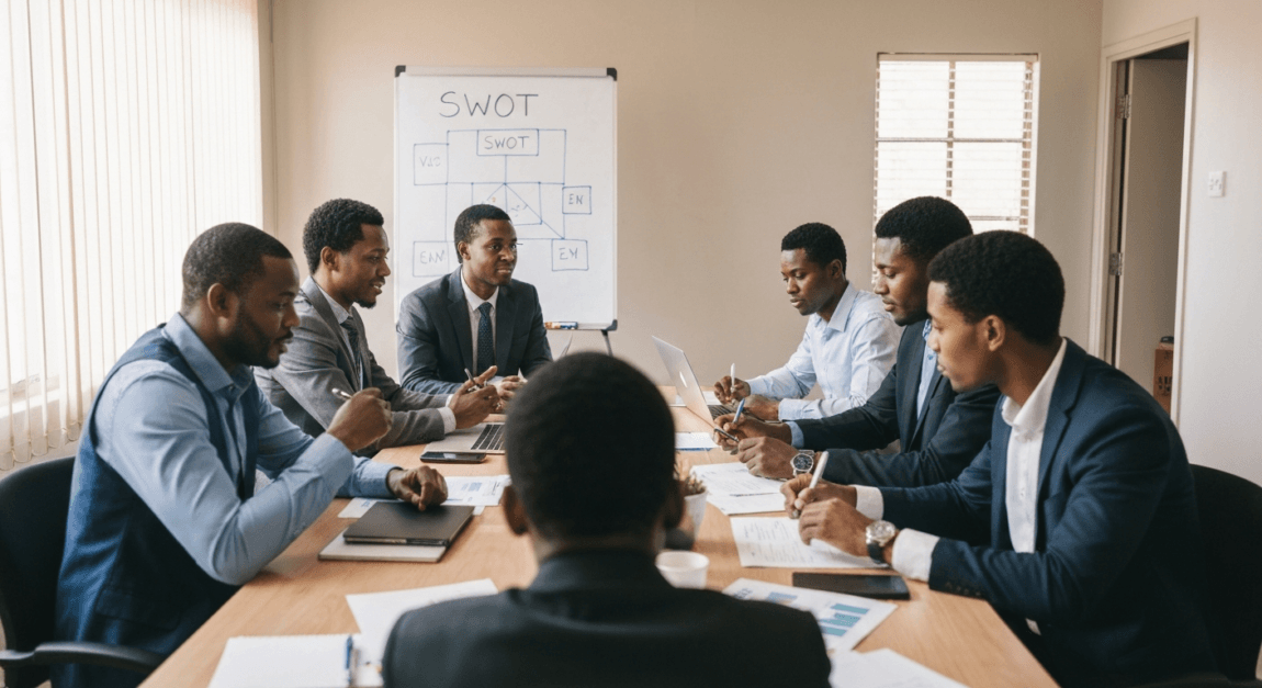 SWOT Analysis for Business Planning 3 Diverse team of Botswana business professionals engaged in a SWOT brainstorming session.