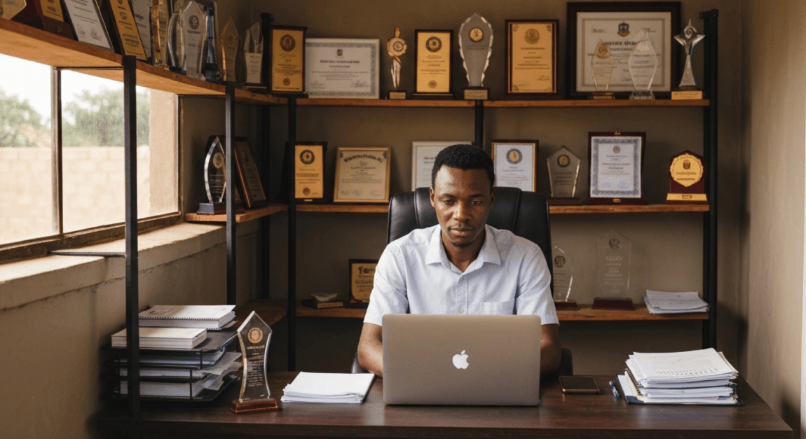 SWOT Analysis for Business Planning 1 Botswana business owner reviewing strengths with awards displayed, indicating achievements.