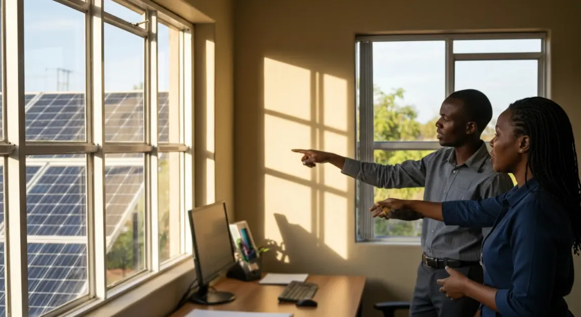Office in Gaborone with solar panel view highlighting renewable energy use