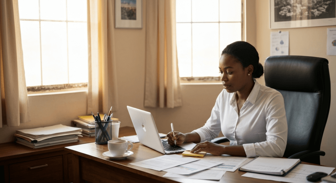 Professional woman in Botswana office reviewing customer profiles on a laptop