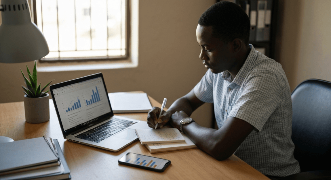 A Batswana entrepreneur analyzing crowdfunding data on a laptop