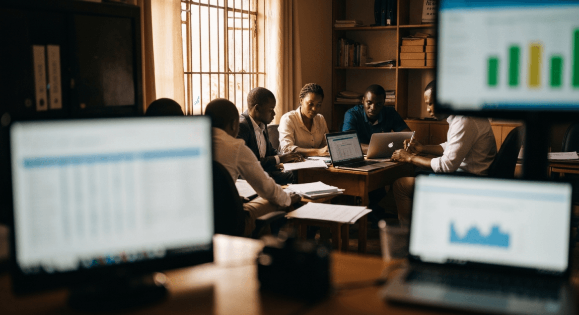 Lead Nurturing Strategies to Convert Prospects into Customers 1 Botswana office team collaborating on lead segmentation using spreadsheets and laptops.