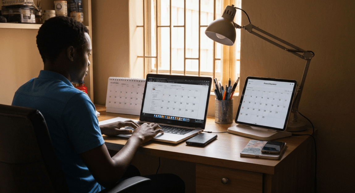 Lead Nurturing Strategies to Convert Prospects into Customers 3 Entrepreneur in Botswana using a calendar and laptop to manage follow-up reminders.