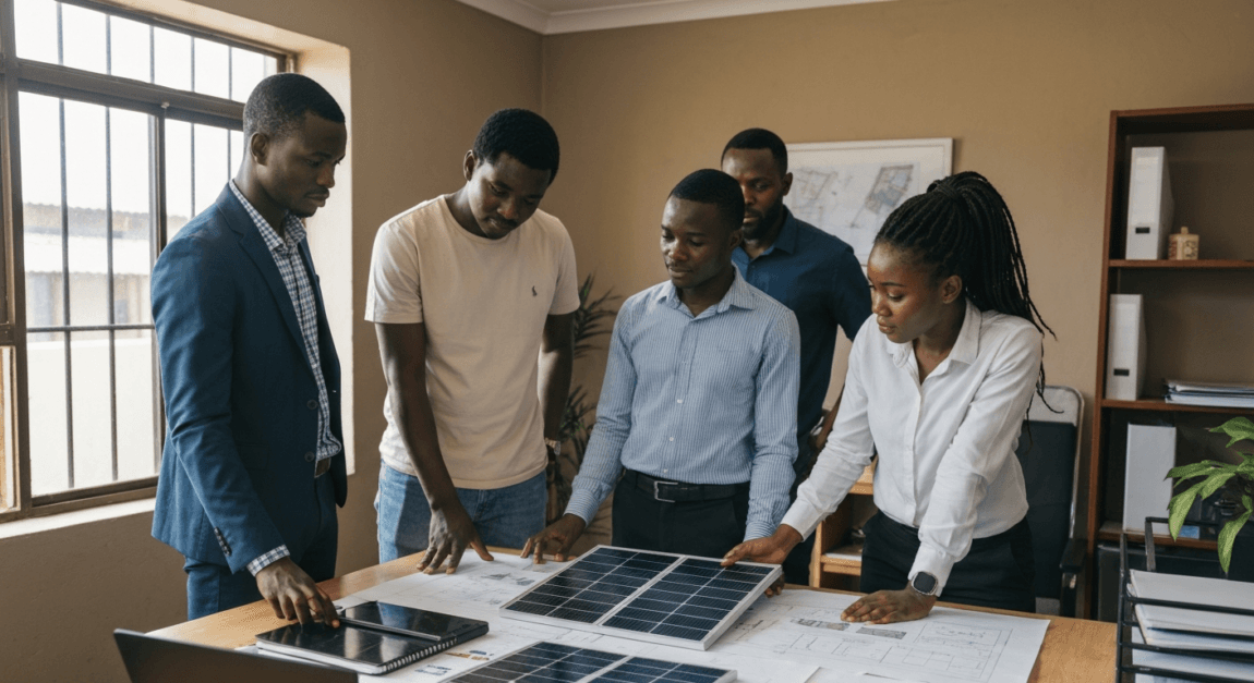 Green and Eco-Friendly Business Ideas 4 Botswana team discussing solar panel installation designs in a workspace