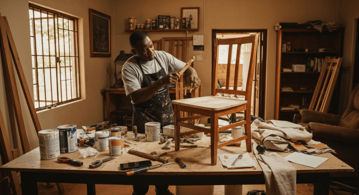 Green and Eco-Friendly Business Ideas 5 Entrepreneur in Botswana refurbishing a wooden chair in a home workspace