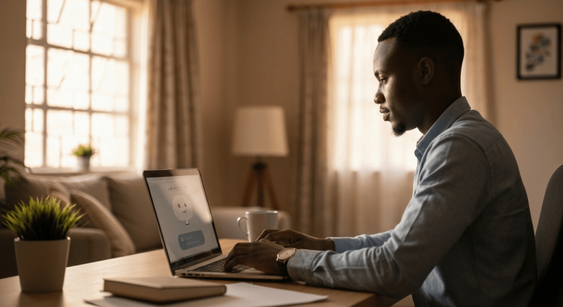 AI Automation for Business: Examples You Can Copy Today 1 Entrepreneur using AI chatbot for customer inquiries in a Botswana office setting