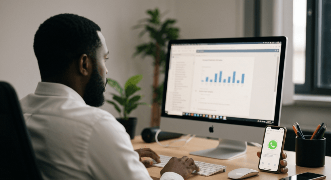 Entrepreneur in Botswana using CRM and WhatsApp in a modern office setup