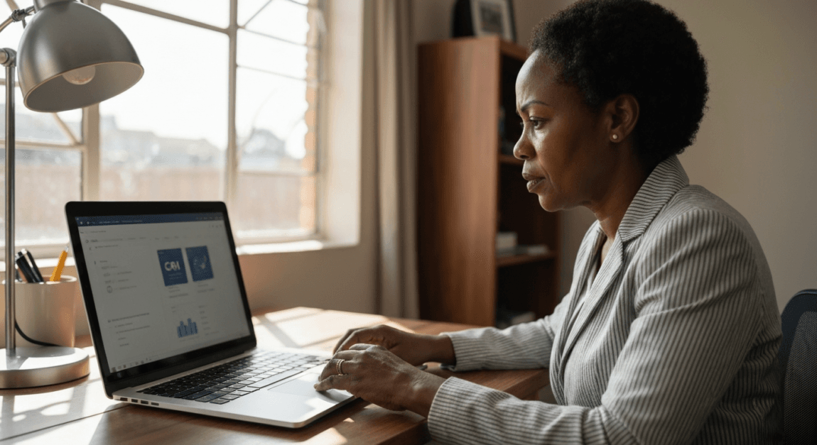 AI Automation for Business: Examples You Can Copy Today 2 Businesswoman working with AI-driven CRM tools in a Botswana office