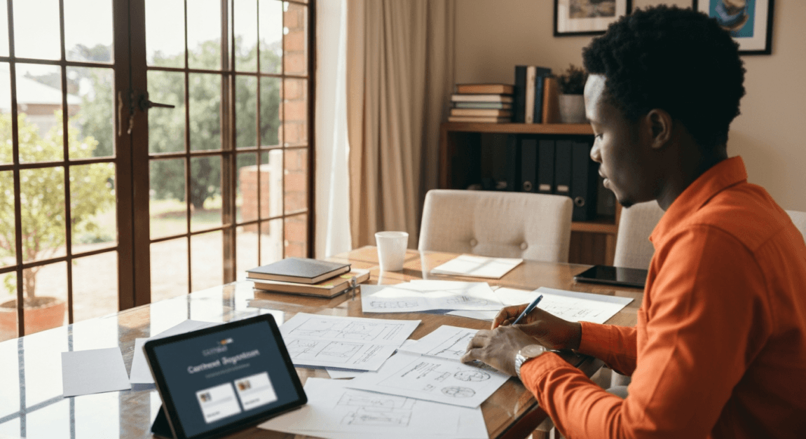 AI Automation for Business: Examples You Can Copy Today 3 Entrepreneur repurposing content using AI tools in a creative Botswana office