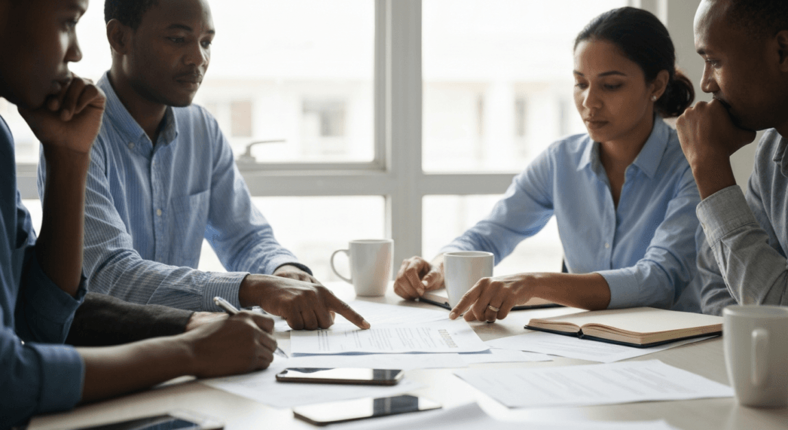 Business team discussing a resolution document in a Botswana office.