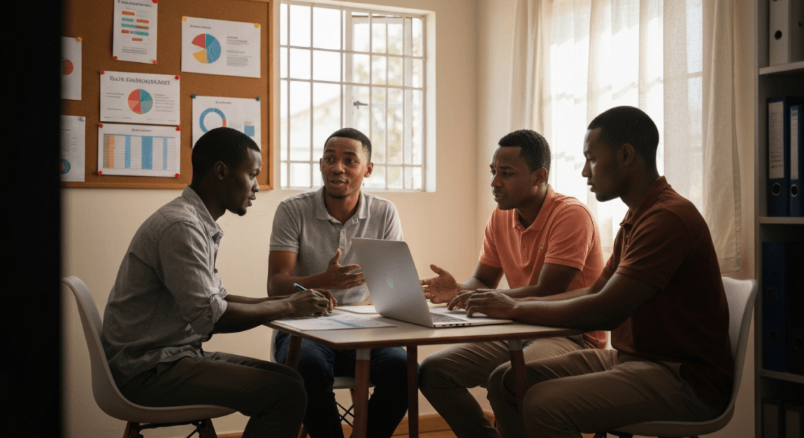 Team in a Botswana small business office collaboratively working on sales forecasting