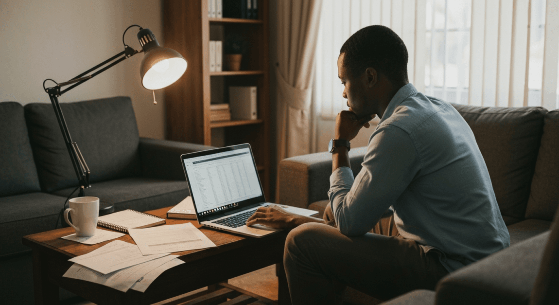 Entrepreneur in Botswana working on a balance sheet for financial projections