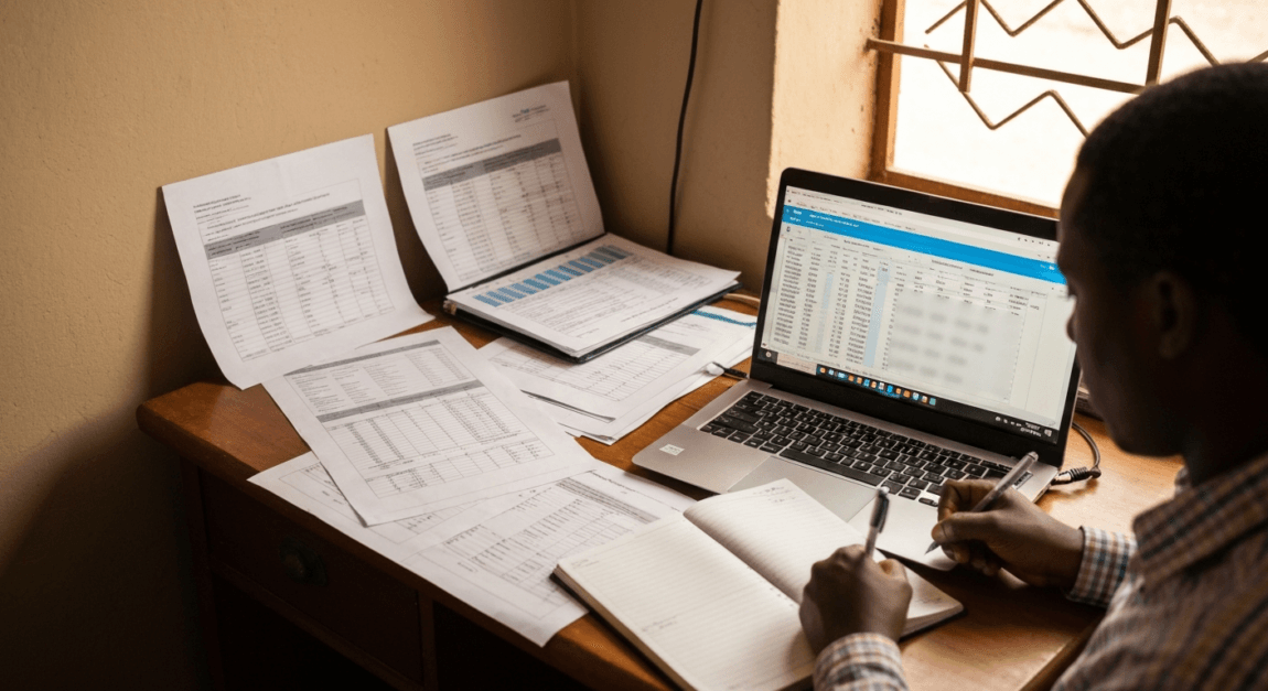 Person in Botswana small office using laptop and papers to create financial projections