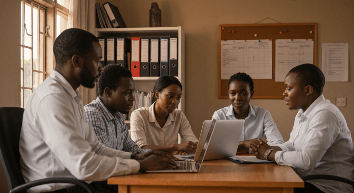 Risk Management and Business Continuity Planning in Botswana 1 Team discussing supply chain risks in a Botswana office