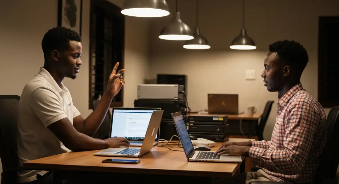 Team in Botswana discussing data backup strategies in a small office