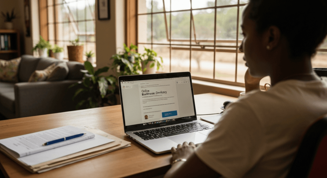 Person sitting at a desk in a Botswana home office looking at an online business directory on a laptop.