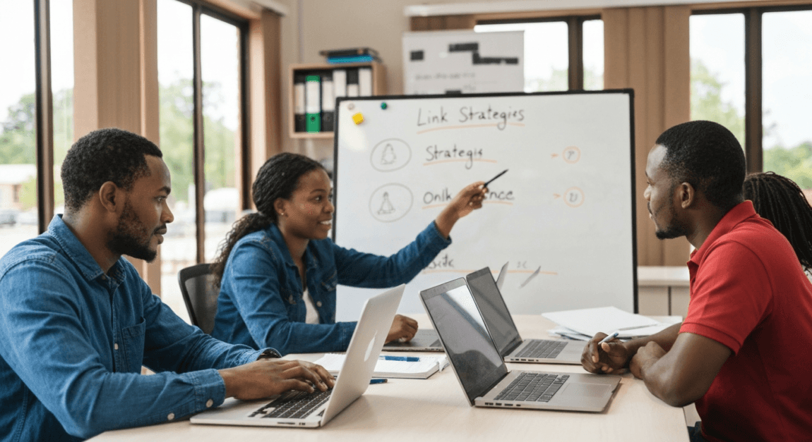 Team of three in a Botswana office discussing online strategies to build backlinks.