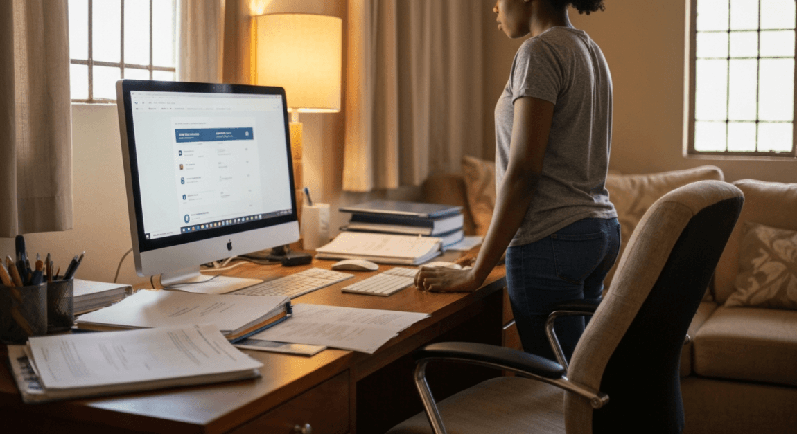 Individual updating consistent business details on a computer in a Botswana home office.