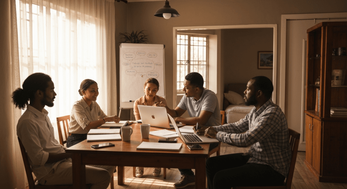 Botswana entrepreneurs collaborating during a networking event at a private setting.