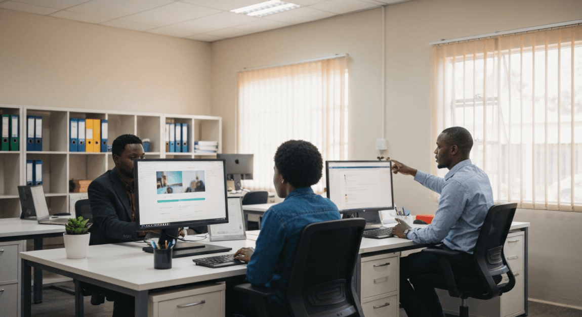 Team of professionals in a Botswana office discuss AI tools for sales and customer service.