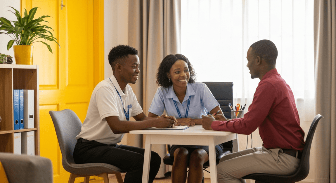 Customer service representative engaged in a positive interaction with a client.