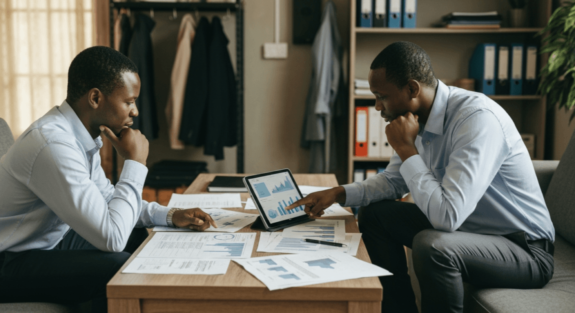 Business partners in Botswana discussing strategy with documents and a tablet.