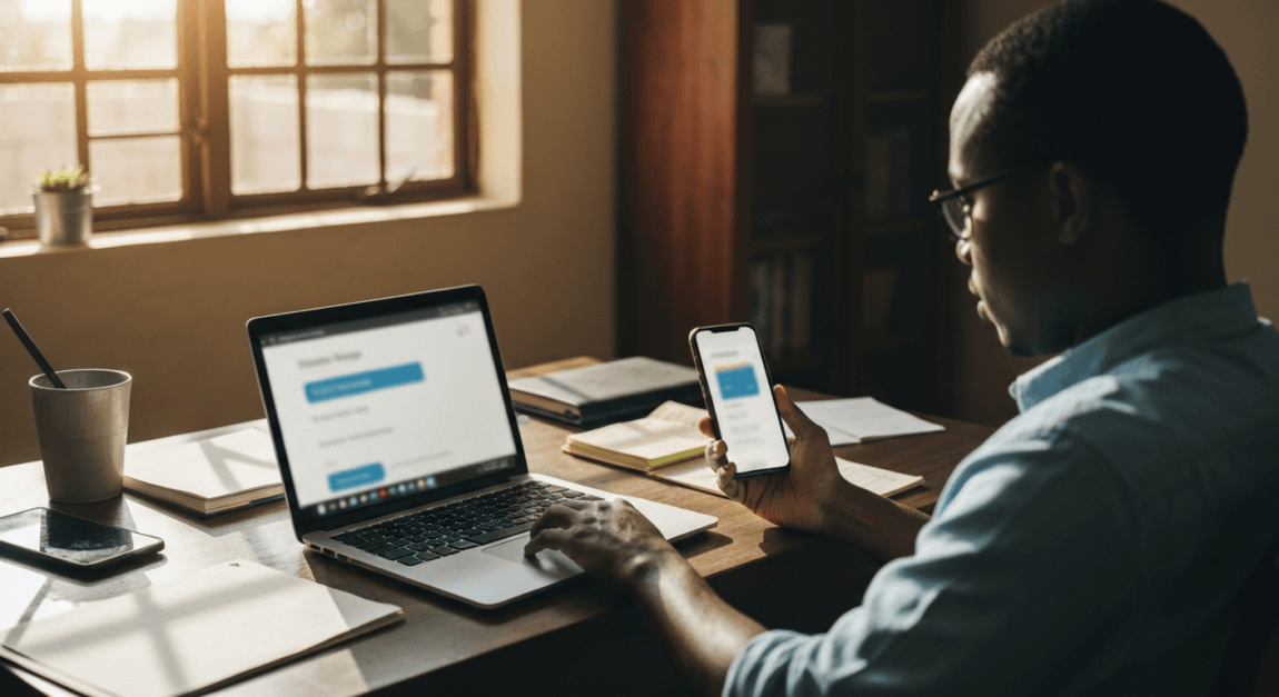 Botswana entrepreneur using fintech apps on laptop and smartphone