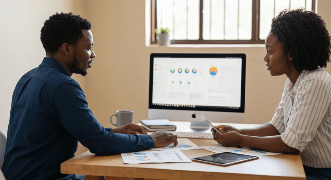 Two professionals collaborating on AI-generated marketing content