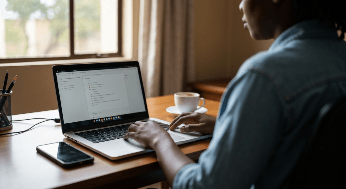 A person using a laptop in a Botswana home office, reflecting AI-powered task automation.