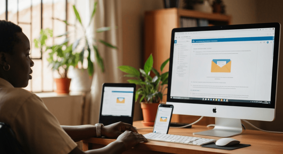 A multi-device setup in a Botswana home office showing integration for customer booking automation.