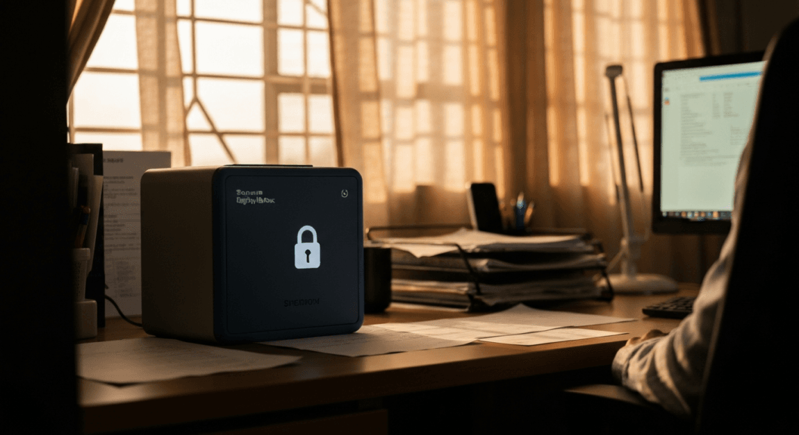 A digital lockbox in a Botswana home workspace representing secure data practices.