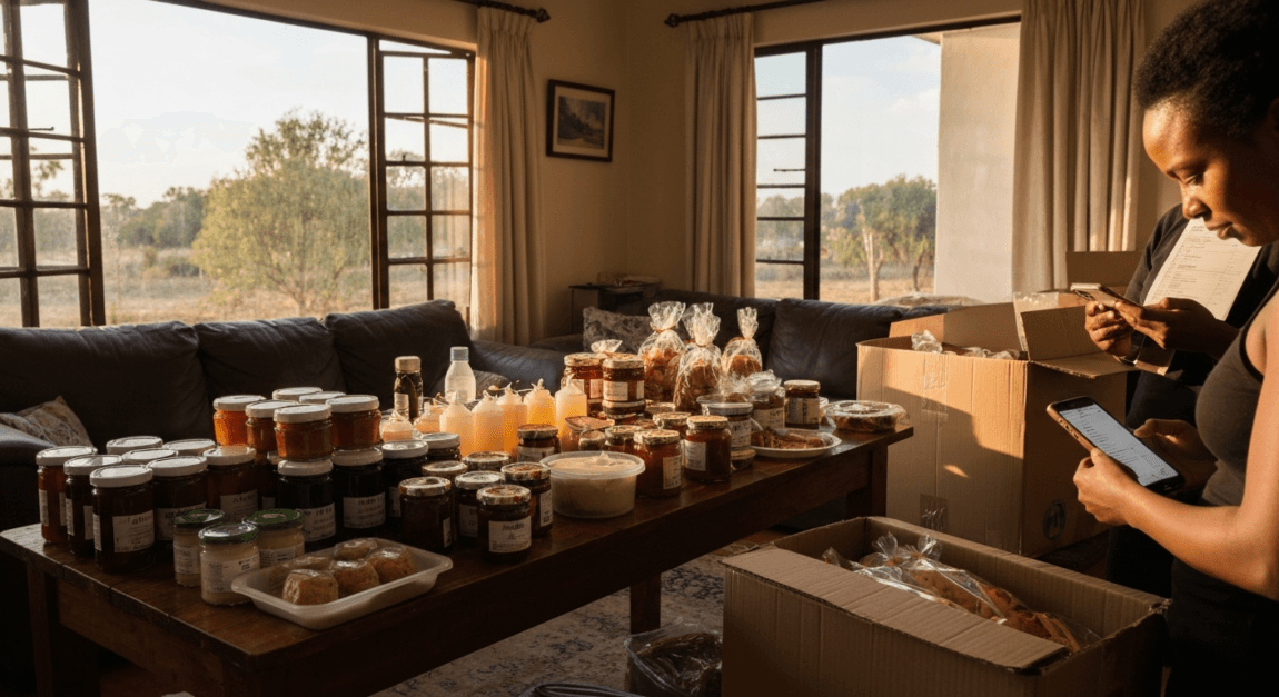 Person preparing homemade goods in a living room for a farmers’ market