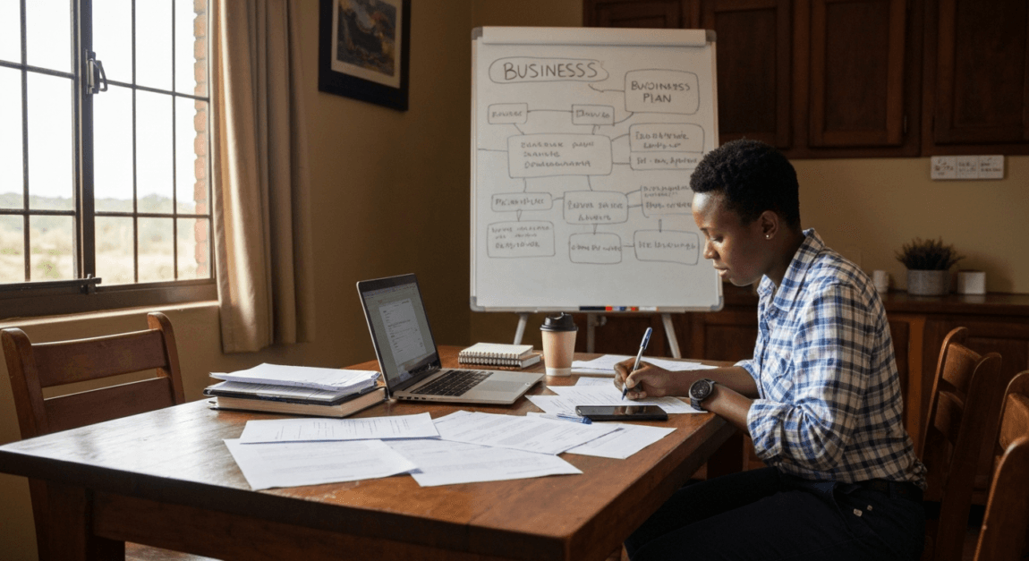 An entrepreneur working on a business plan in a rustic dining area