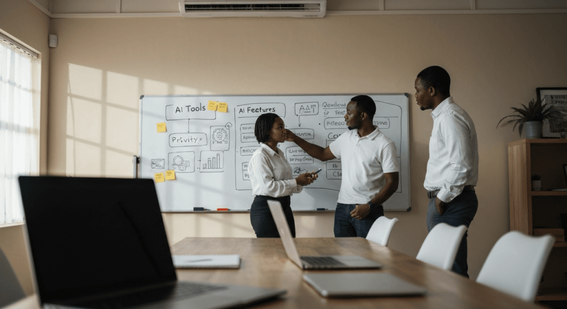 A Botswana business team discussing AI tool features with a whiteboard in the office