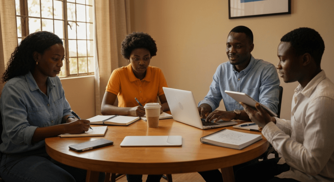 A marketing team using various devices to brainstorm content ideas in Botswana